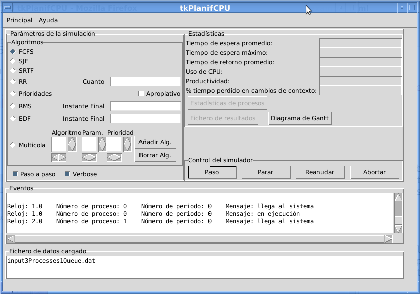 Simulación iniciada, ventana principal